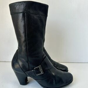 Born Boots Mid Calf Black Leather Side Zip Monk Strap Heels Motorcycle Size 6.5
